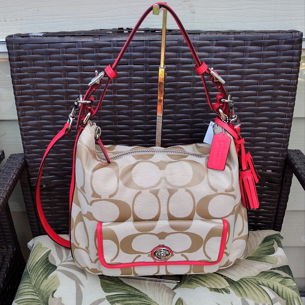 NWT Coach Legacy Signature Courtney Hobo Bag Khaki and Coral Style #22392 - Picture 5 of 15
